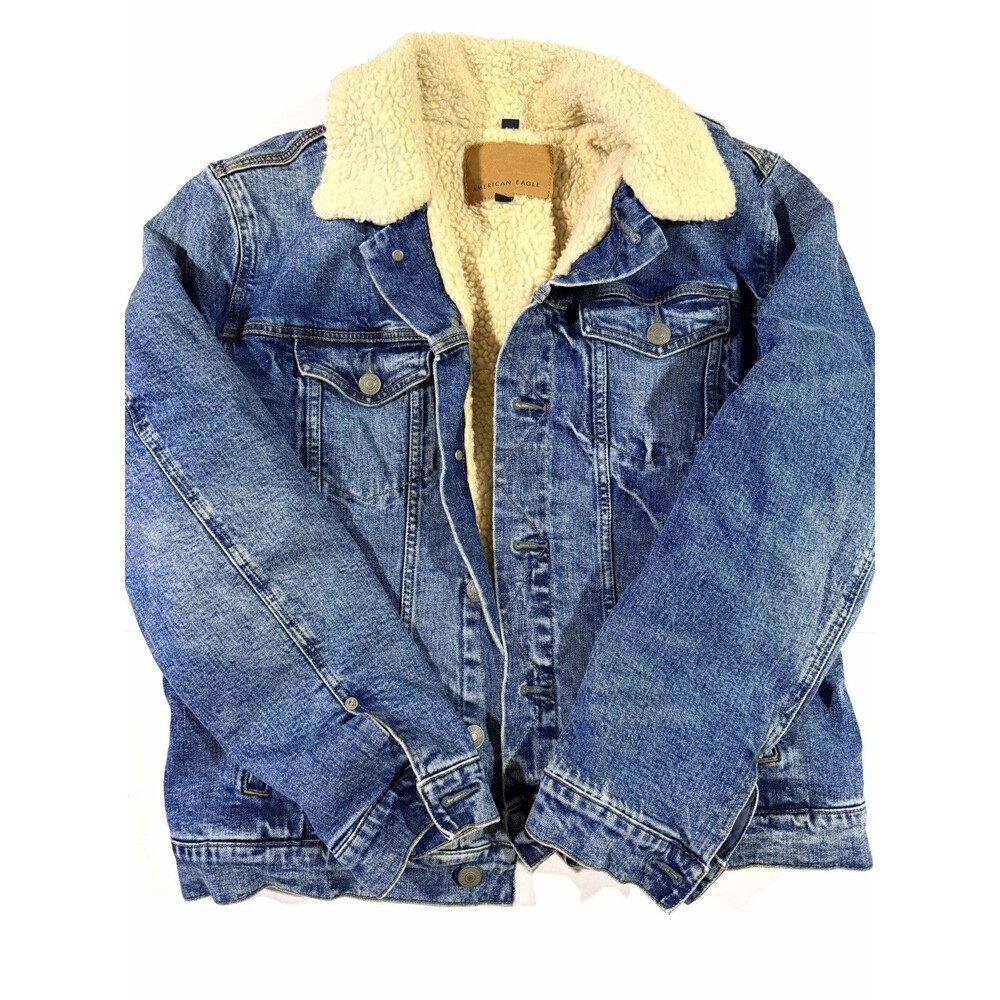 American Eagle Men's Blue Beige Sherpa Lined Button Jean Jacket Pockets Size L